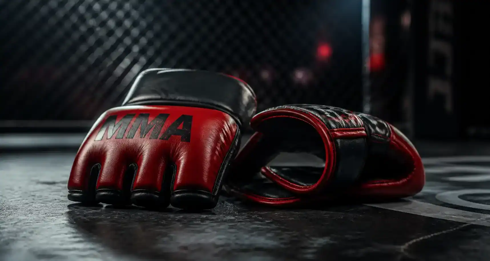 Gants de MMA en gros plan contre le grillage d'un octogone