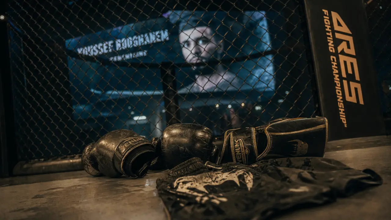 Combat mma youssef boughanem en cage ARES, gants et protège-tibia