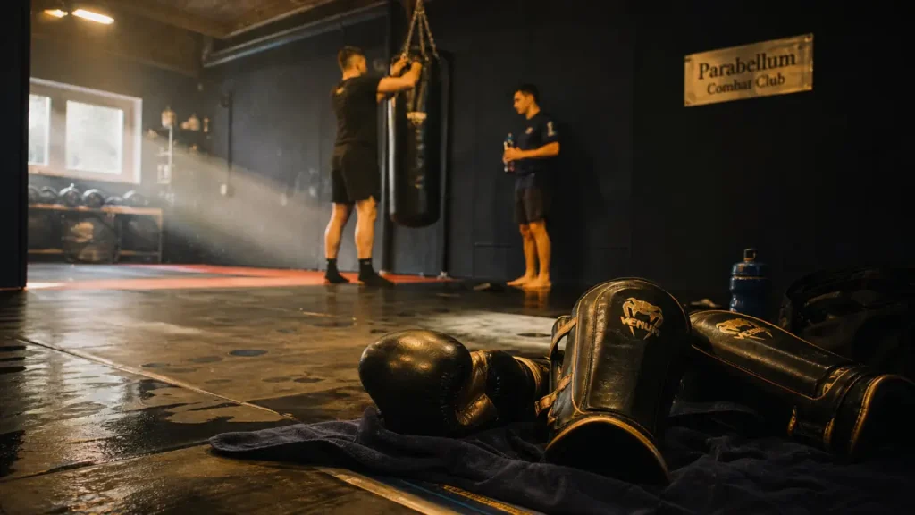 Parabellum Combat Club MMA Nantes : gants et protège-tibias en salle