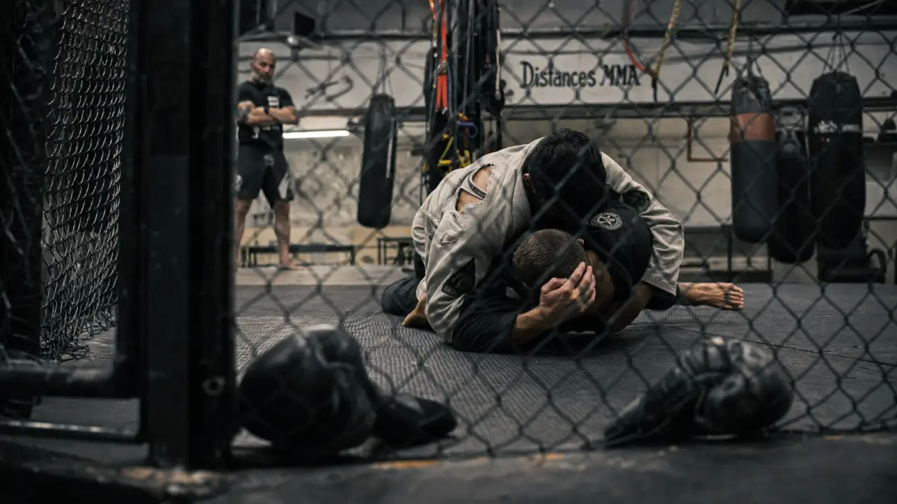 Arts martiaux mixtes : entraînement MMA, cage et gants de sparring