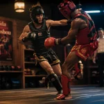 Boxe sanda en salle: deux combattants en sanda et projections