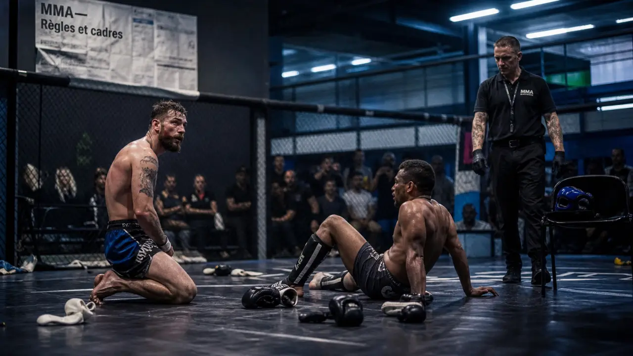 Combat libre MMA vs free-fight en salle, combattants et arbitre