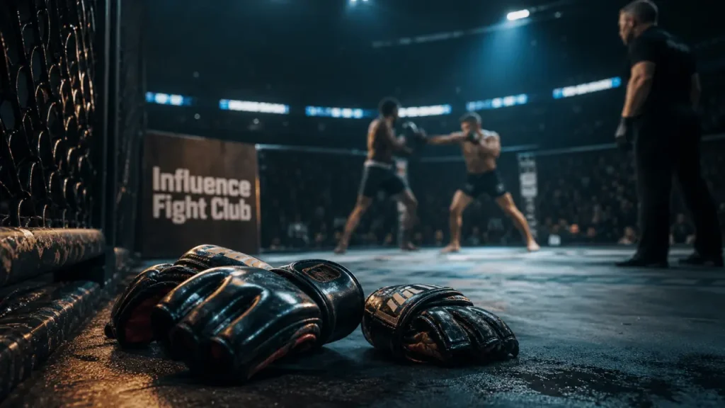 Combat mma influenceur en cage : gants au sol et échange au centre de l’octogone
