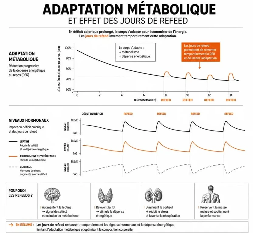 Schéma explicatif de l'adaptation métabolique et des refeeds lors d'une période de cutting