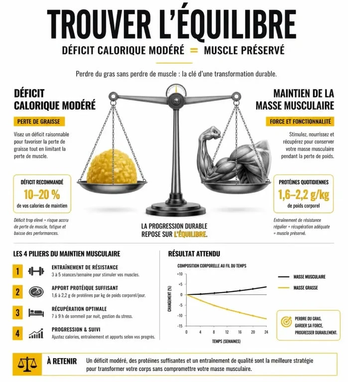 Infographie sur l'équilibre entre déficit calorique et masse musculaire pour le cutting