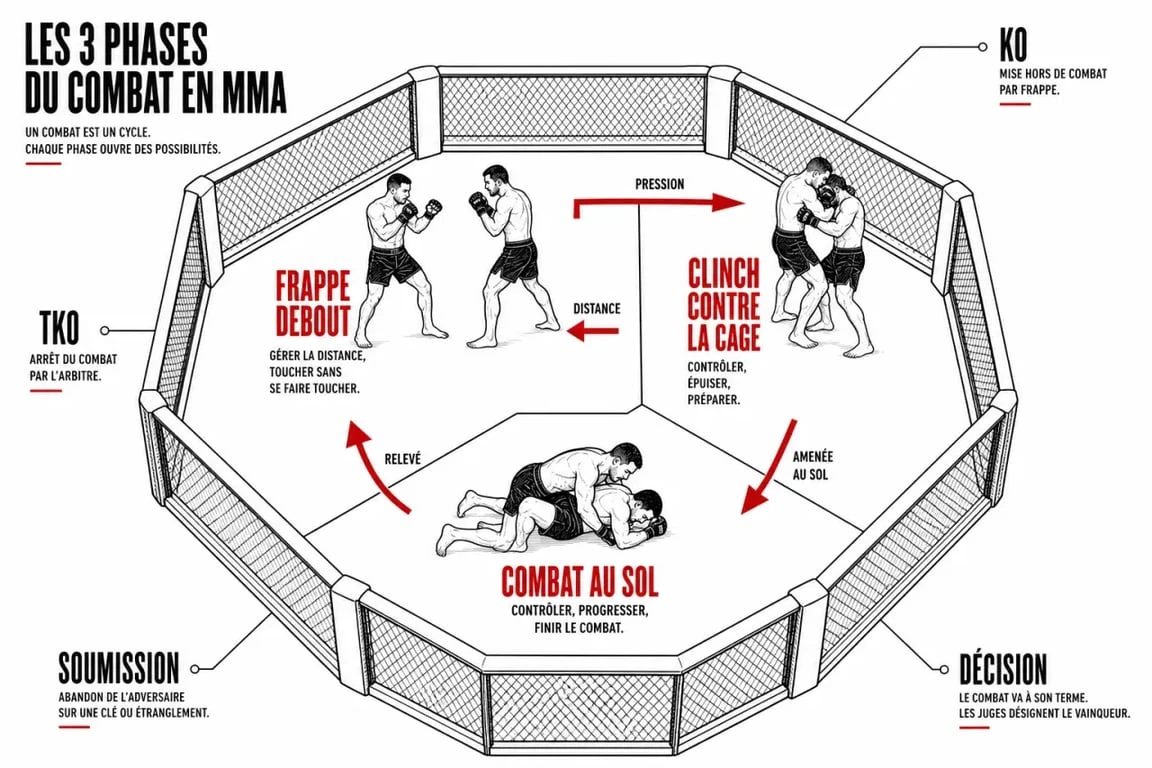 MMA art martial : schéma des phases debout, clinch et sol dans l'octogone