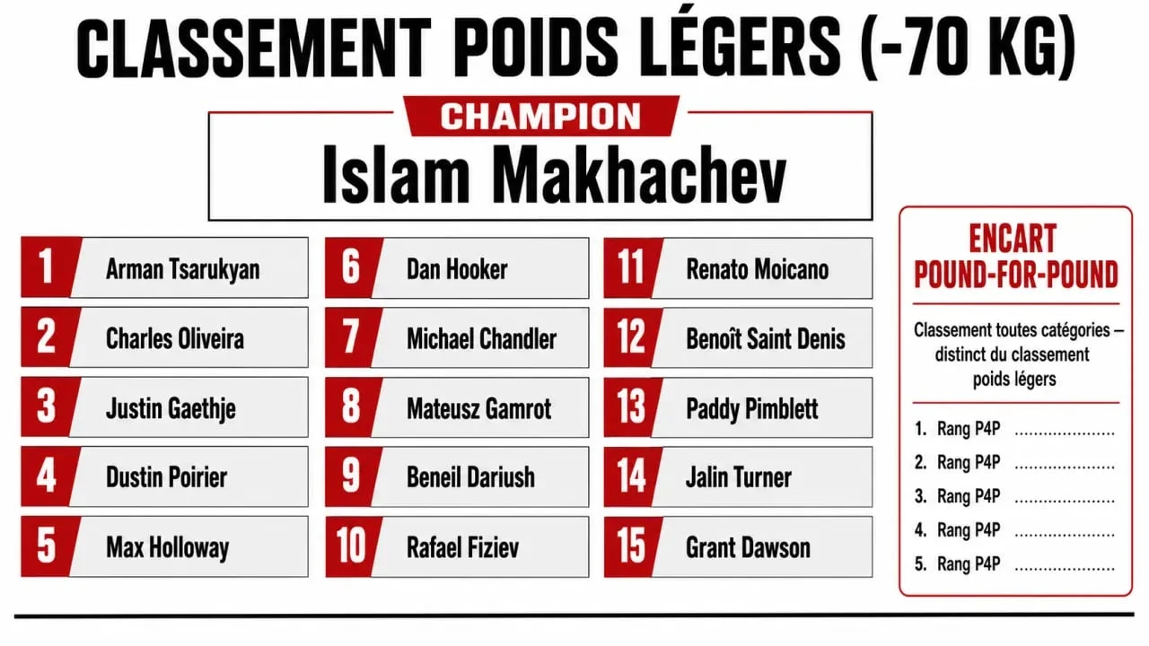 Classement UFC 70 kg présenté en hiérarchie claire avec champion, Top 15 et pound-for-pound