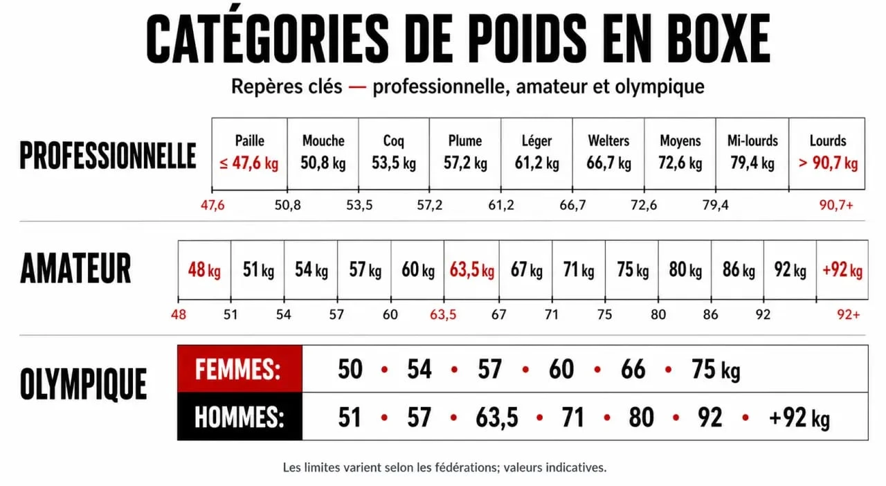 Catégorie poid boxe : comparatif visuel des catégories professionnelles, amateurs et olympiques