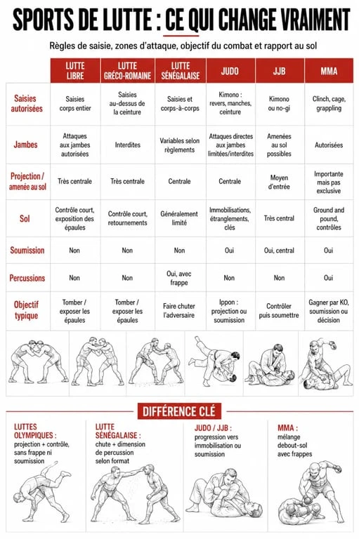Sports de lutte : comparaison visuelle des styles et différences avec judo, JJB et MMA