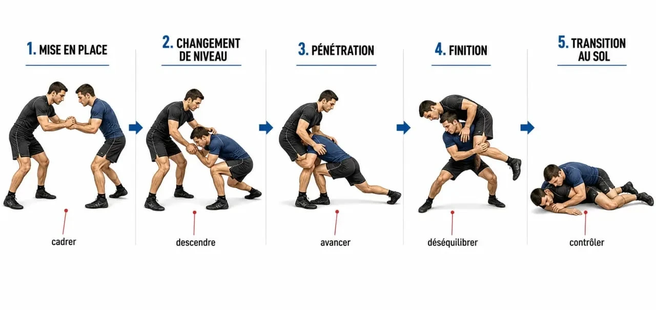 Schéma des takedowns en grappling montrant la séquence setup, changement de niveau, pénétration, finition et transition au sol