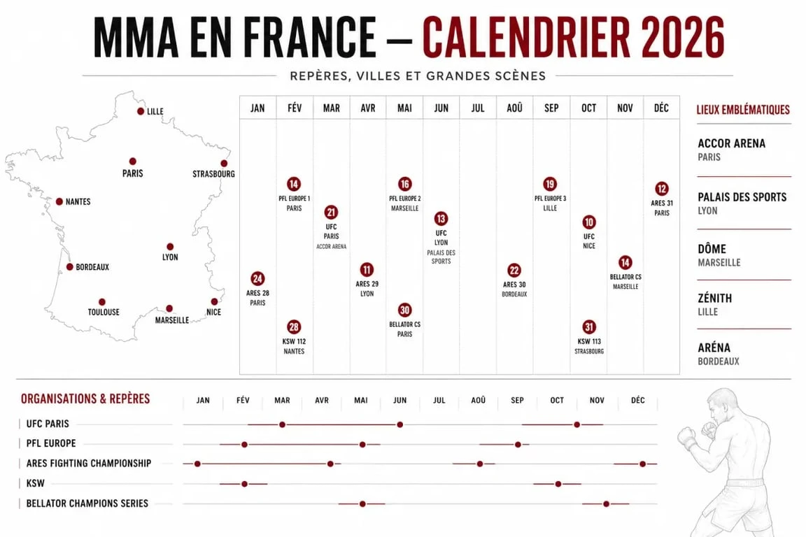 Infographie combat mma france avec calendrier 2026, organisations et lieux emblématiques