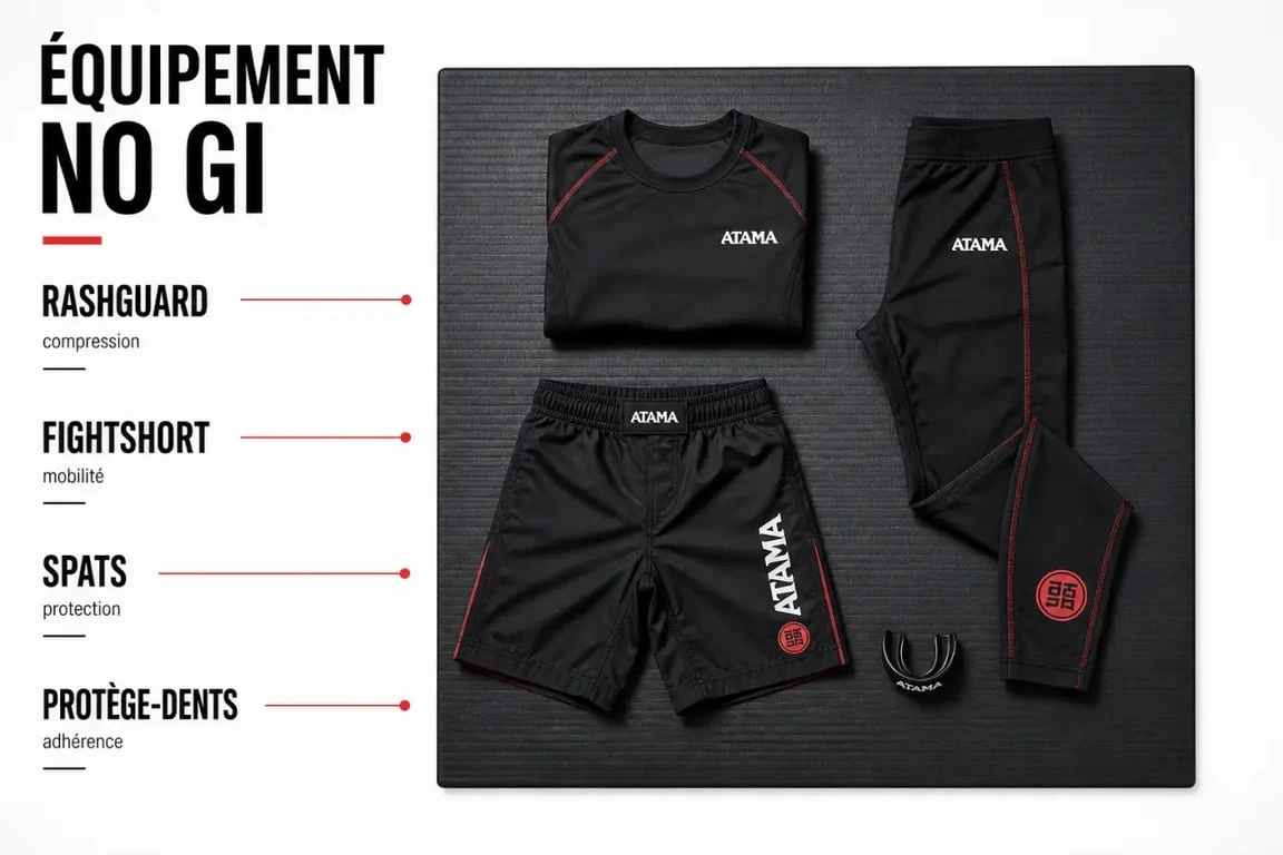 Équipement no gi avec rashguard, fightshort, spats et protège-dents