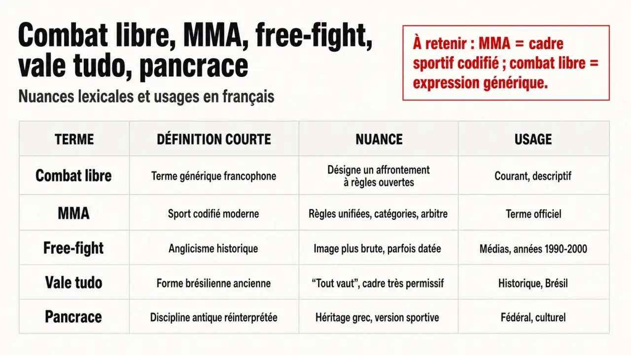 Combat libre : comparaison des termes MMA, free-fight, vale tudo et pancrace