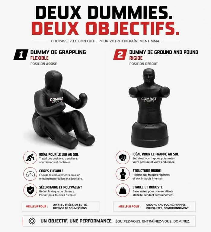Comparaison entre un mannequin MMA de grappling et un mannequin de ground and pound