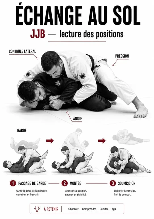Sport jjb : schéma des positions clés au sol et des chemins vers la soumission