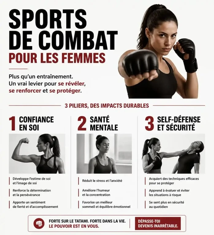 Infographie sur les bienfaits des sports de combat pour les femmes et la confiance en soi