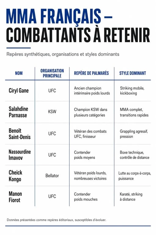 Champion mma français : infographie comparative des principaux combattants français, palmarès, organisation et style