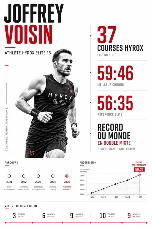 Joffrey Voisin en infographie de performance HYROX avec ses records et son palmarès