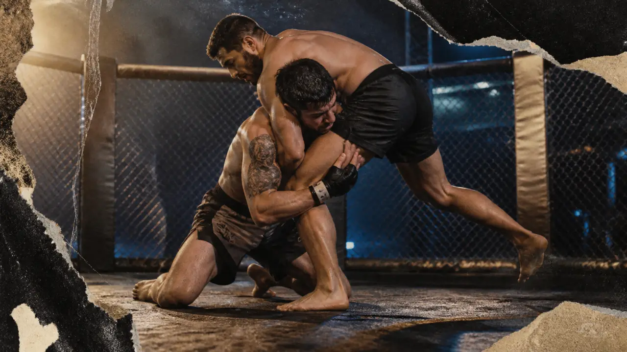 MMA art martial : combattants en cage octogonale, clinch et projection