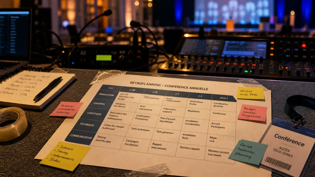 Organisation événement professionnel : rétroplanning budget, lieu et planification