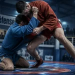 Sambo martial art : deux combattants sur tapis, autodéfense soviétique en compétition