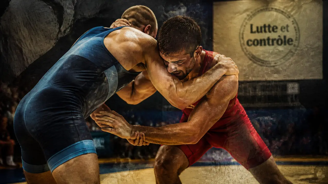 Sports de lutte : deux lutteurs en corps-à-corps, entraînement sur tapis (lutte libre, gréco-romaine, sénégalaise).