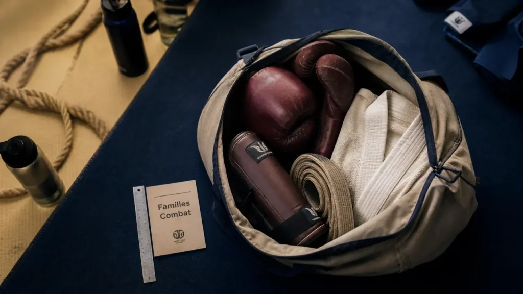 Tous les sports de combats : gants, protège-tibias, kimono sur tapis de pratique