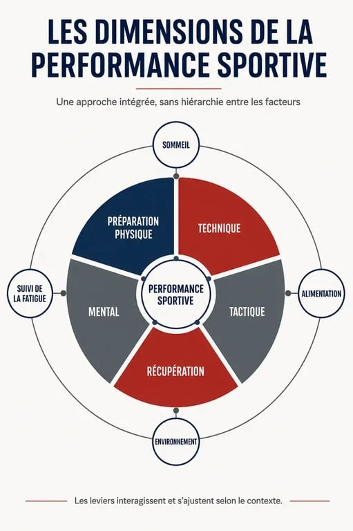 Infographie des facteurs clés de la performance sportive : physique, technique, tactique, récupération et mental