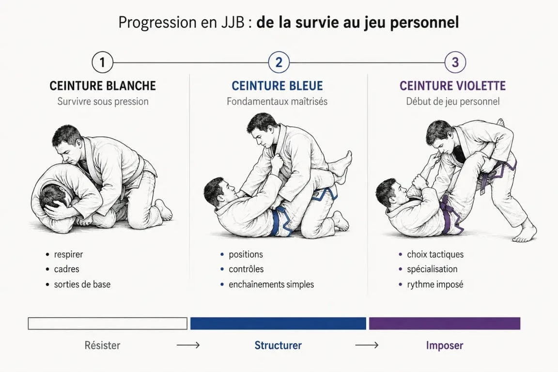 Schéma comparatif de la ceinture bleu jjb entre blanche et violette, avec attentes techniques clés