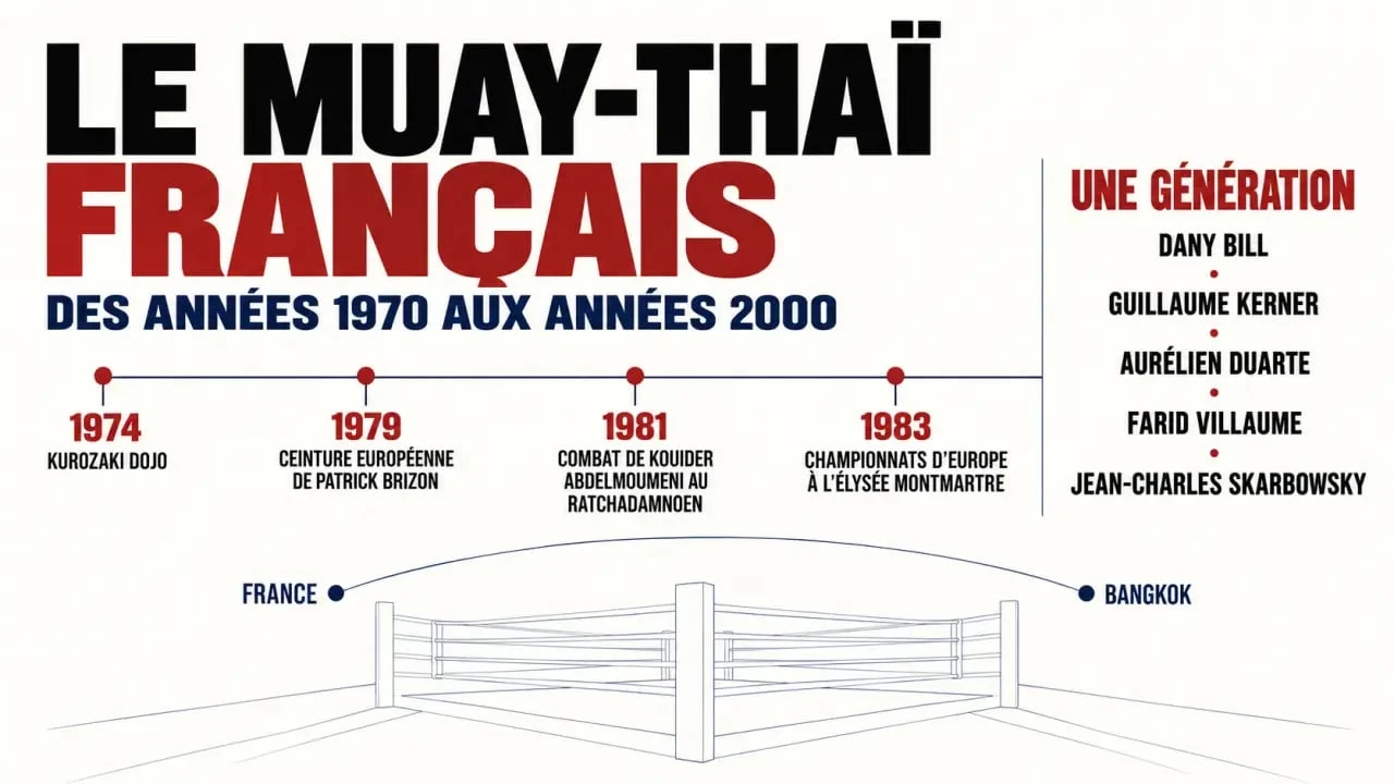 Infographie sur l’histoire du boxeur thaï français et l’évolution du muay-thaï en France