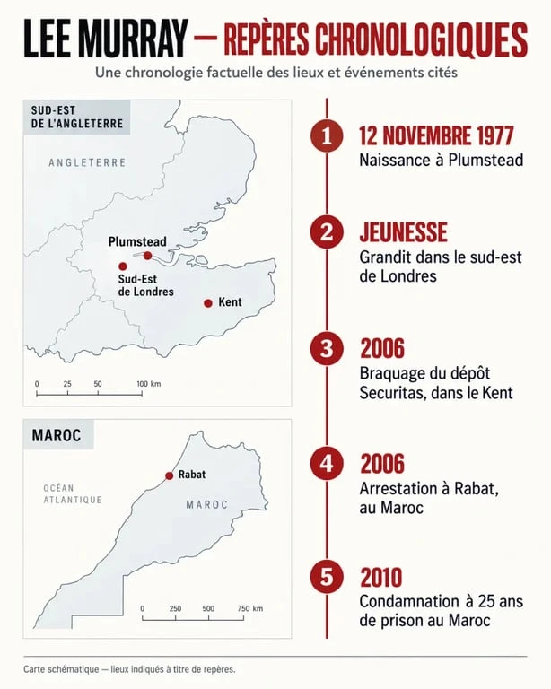 Infographie chronologique sur Lee Murray, de Plumstead à l’affaire Securitas et sa condamnation au Maroc