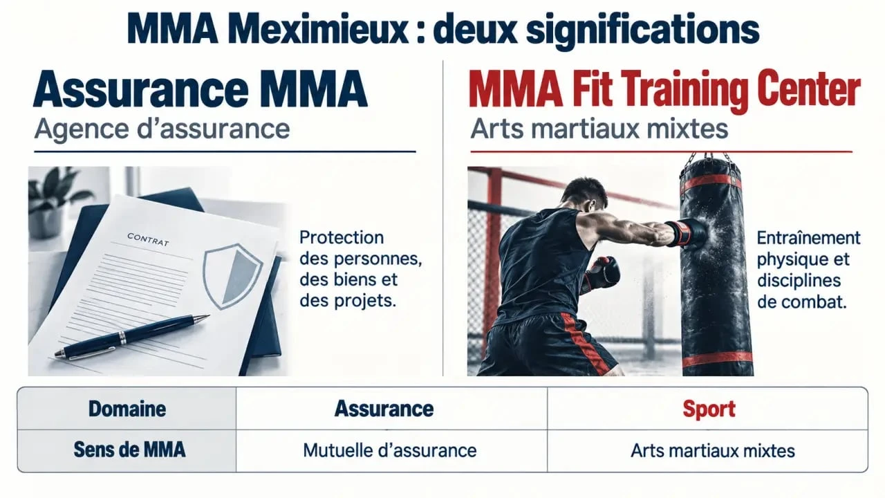 Infographie expliquant les deux établissements associés à MMA Meximieux, assurance et club de mixed martial arts