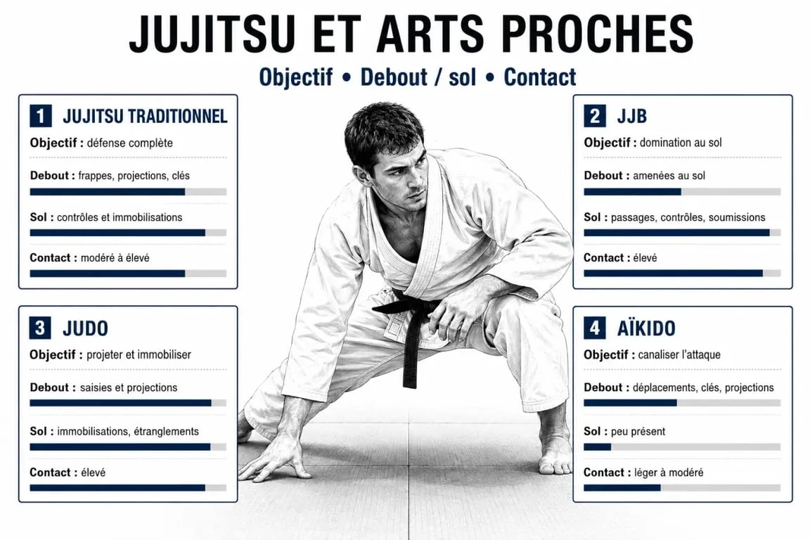 Comparatif ji ju tsu : jujitsu traditionnel, JJB, judo et aïkido