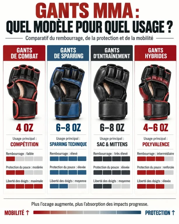 Infographie comparative des types de gants MMA selon les oz, le rembourrage et l’usage