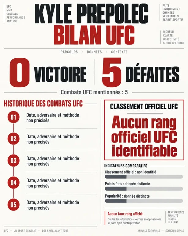 Infographie du classement UFC de Kyle Prepolec et de son bilan UFC 0-5