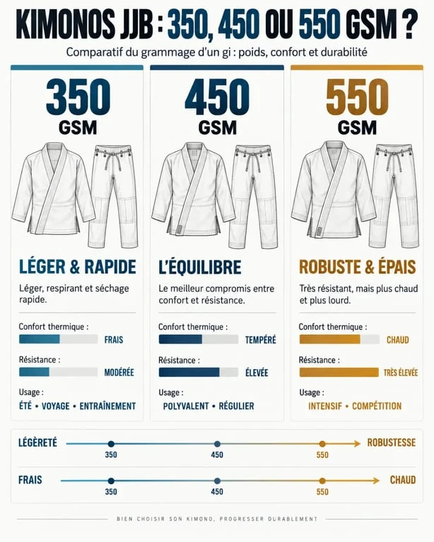 Infographie sur le kimono JJB 350, 450 et 550 GSM et leurs usages