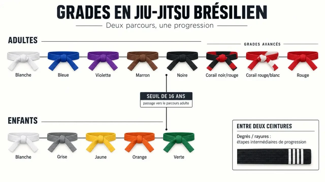 Infographie des grades JJB adultes et enfants avec l’ordre des ceintures et les degrés
