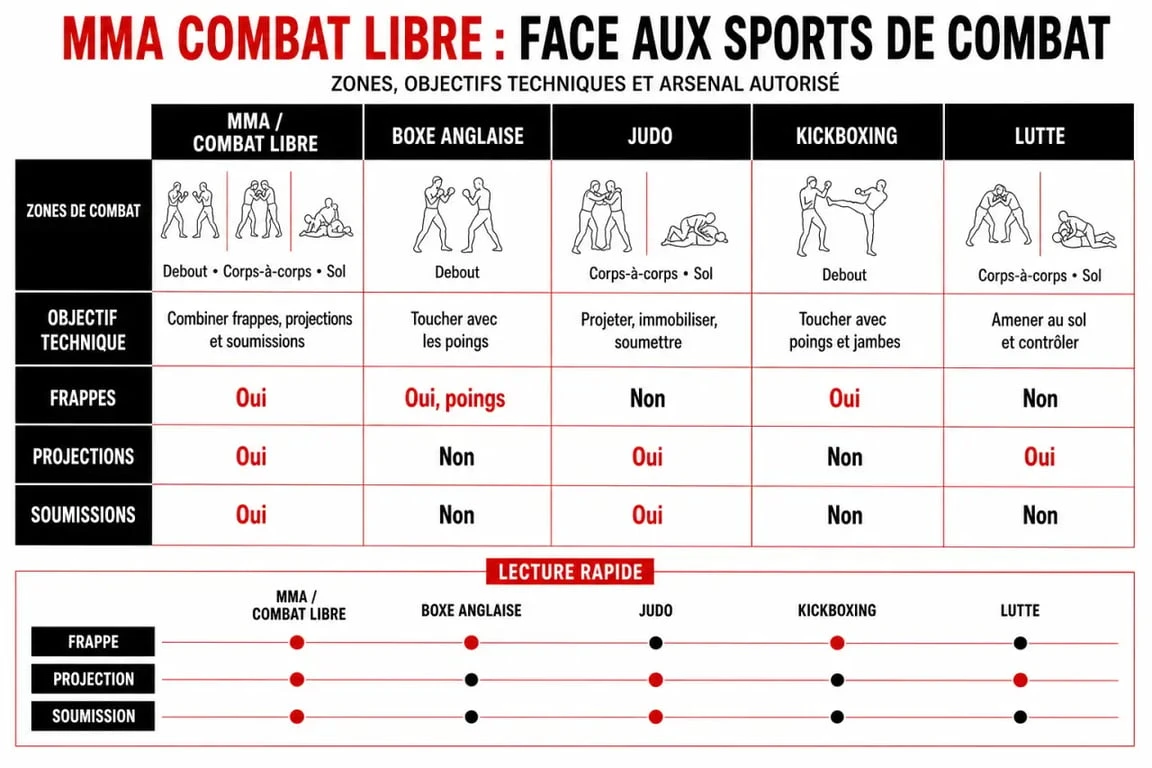 mma combat libre comparé à la boxe, au judo, au kickboxing et à la lutte