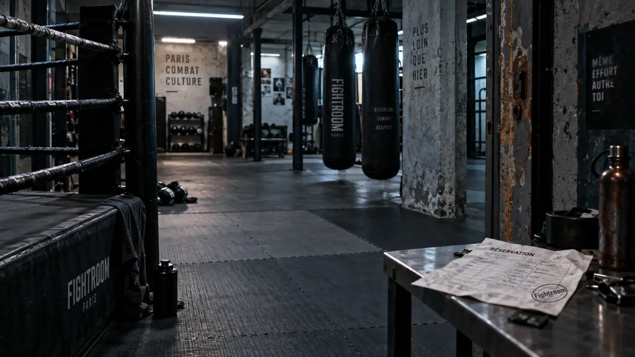 fightroom Belleville à Paris : tapis tatami et sacs de frappe dans un studio sport de combat