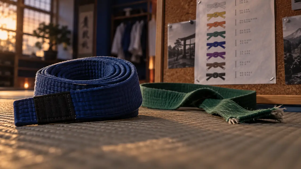 Grades JJB : ceintures adulte et enfant posées sur tatami