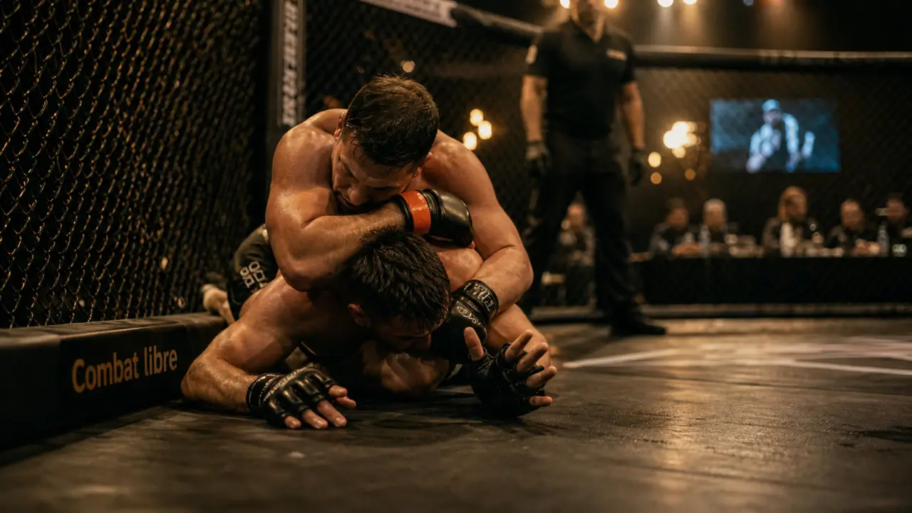 MMA combat libre : combattant en cage, arbitre et règles visibles