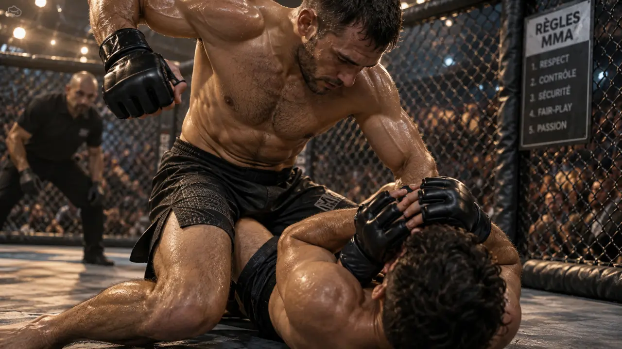 Sport combat mma : contrôle au sol en cage grillagée